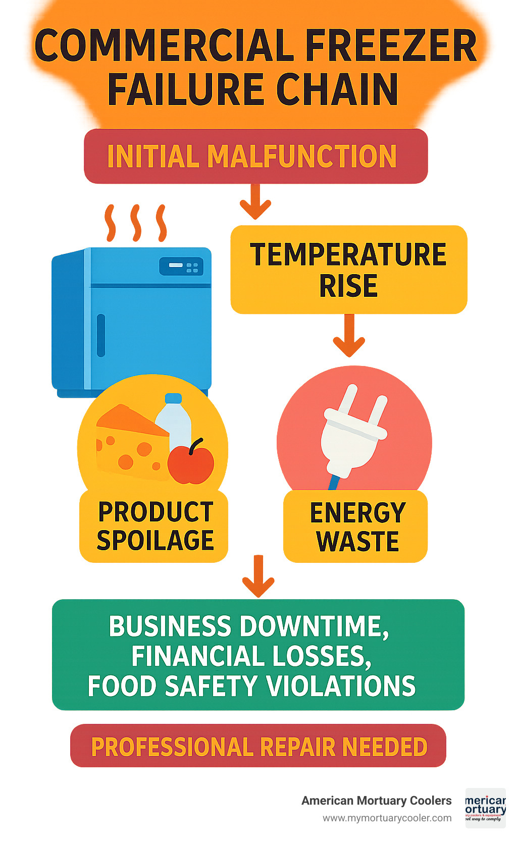 Infographic showing the commercial freezer failure chain: Initial malfunction leads to temperature rise, which causes product spoilage and energy waste, resulting in business downtime, financial losses, and potential food safety violations if not addressed quickly through professional repair services - commercial freezer repair infographic 