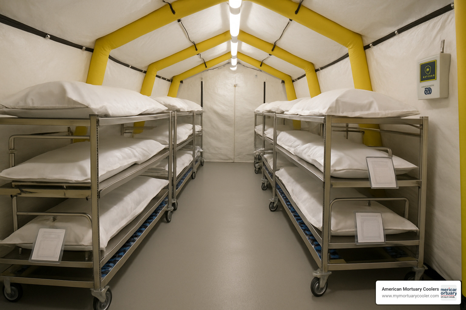 Interior view of deployed mortuary shelter showing rollered racking system, temperature monitoring equipment, identification document holders, and proper lighting for dignified remains handling - quick-deploy-morgue