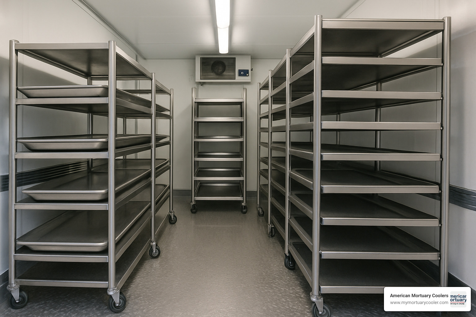 Multi-tier morgue racks showing 3, 4, and 5-tier configurations with body trays inserted, demonstrating capacity optimization in refrigerated trailer environment - quick-deploy-morgue