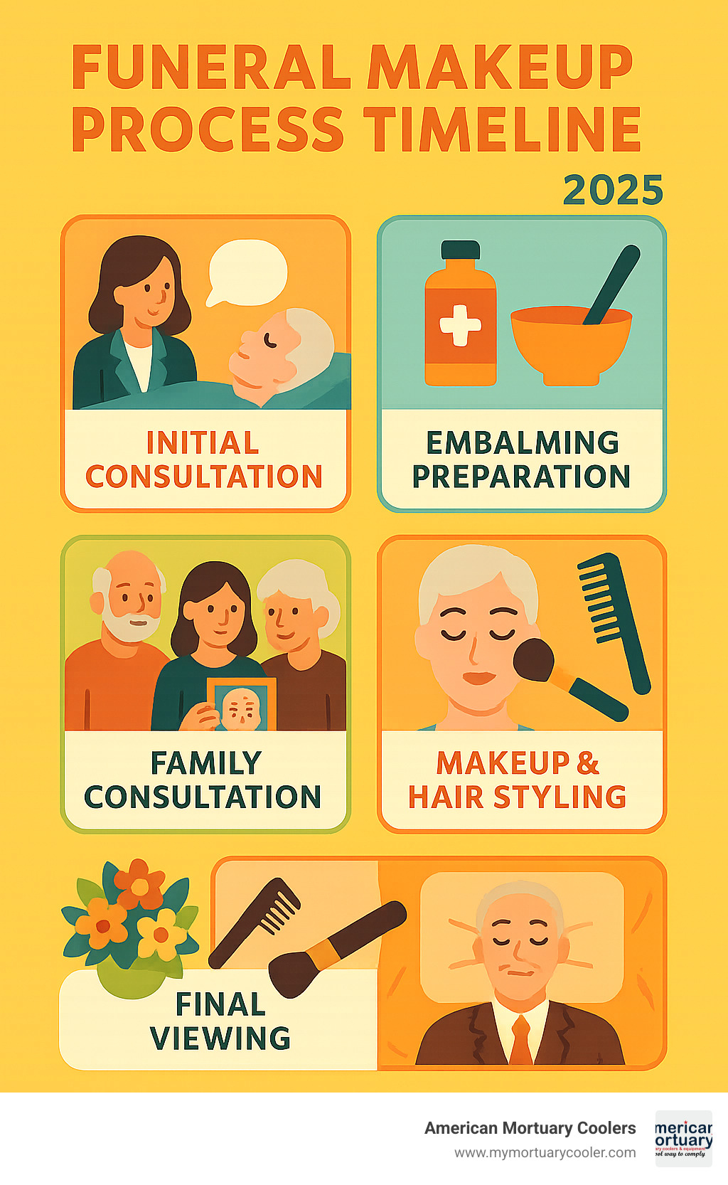 Comprehensive infographic showing the funeral makeup process timeline from initial consultation through final viewing, including steps for embalming preparation, family consultation with photo references, makeup application techniques, hair styling, and final presentation setup - makeup artist for funerals infographic 