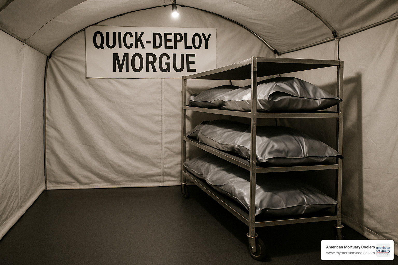 MERC liquid cooling pod deployed on-site showing compact footprint, electrical connections, monitoring systems, and integration with existing morgue rack infrastructure - quick-deploy-morgue