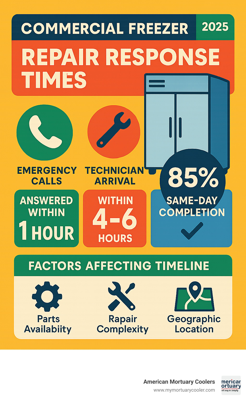 Infographic showing average commercial freezer repair response times: Emergency calls answered within 1 hour, technician arrival within 4-6 hours, same-day completion rate of 85%, with factors affecting timeline including parts availability, repair complexity, and geographic location - commercial freezer repair infographic 