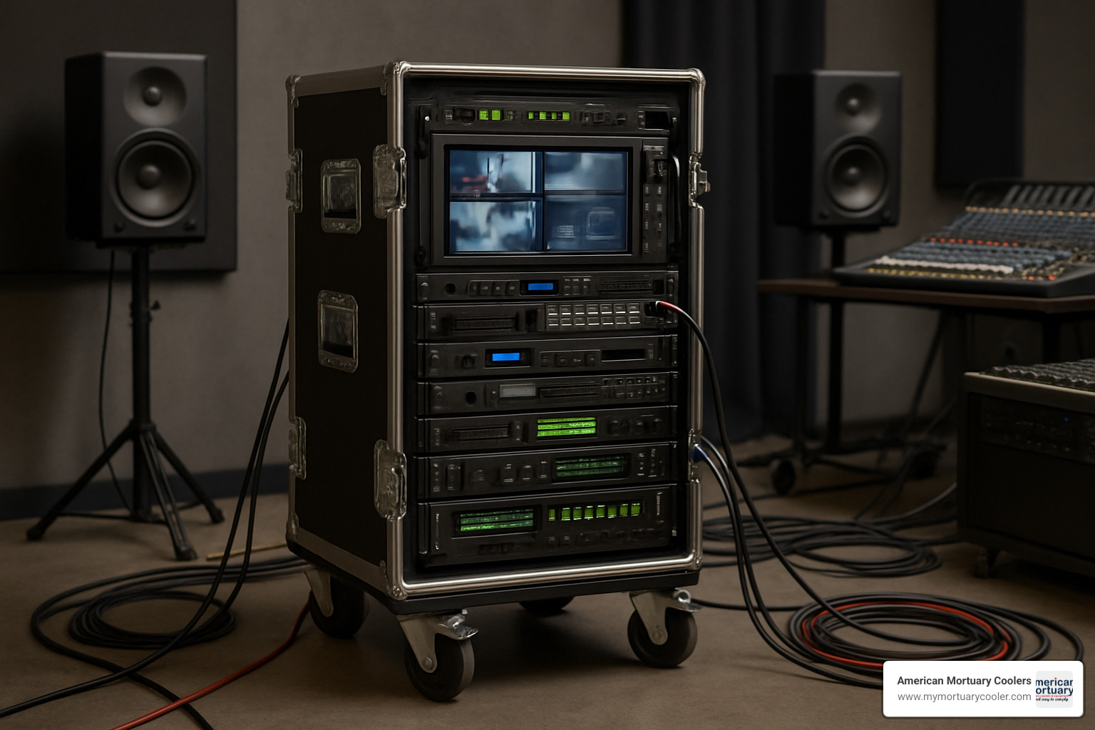 AV road rack setup in professional studio environment - portable rack