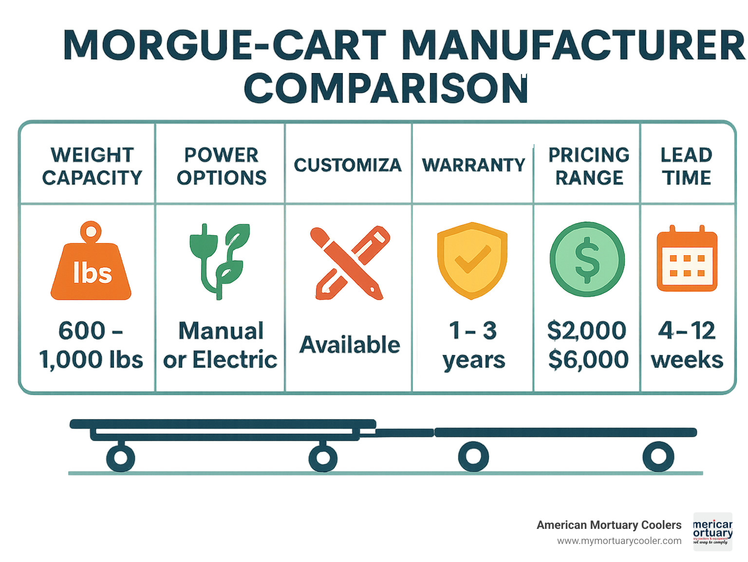 Infographic comparing key specifications, pricing ranges, and lead times for major morgue-cart manufacturers including weight capacities, power options, customization availability, and warranty terms - morgue-cart infographic 