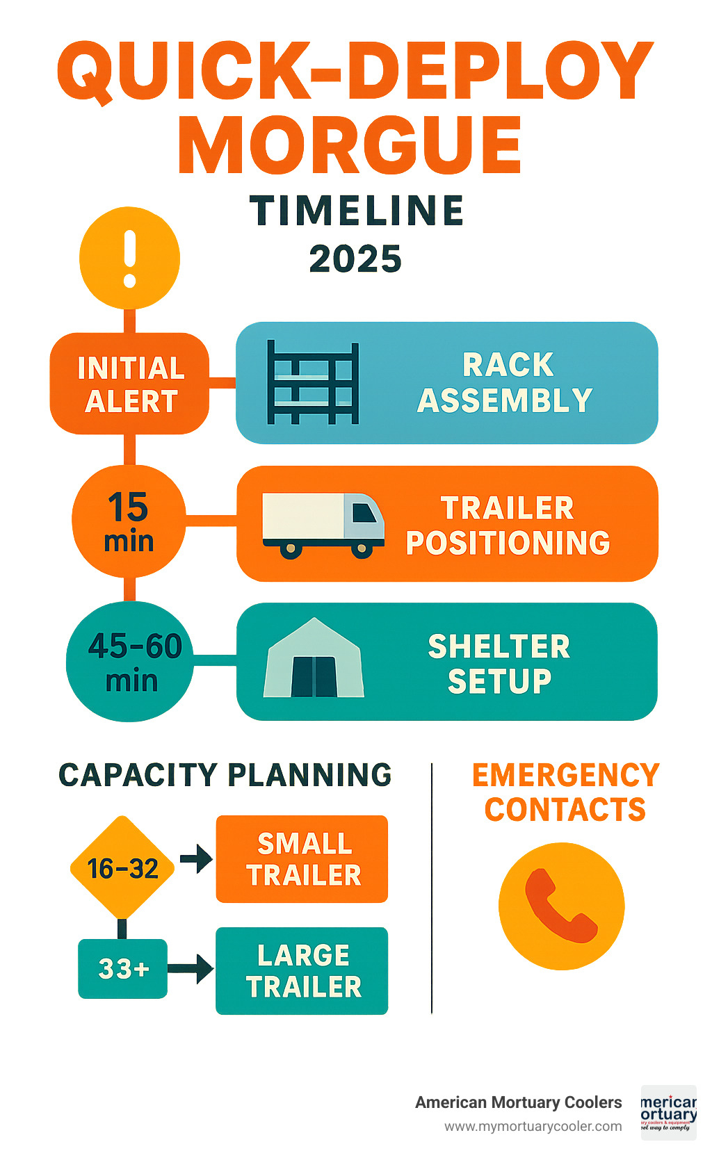 Comprehensive infographic showing quick-deploy morgue timeline from initial alert through full deployment, including assembly times for rack systems (15 minutes), trailer positioning (30 minutes), and shelter setup (45-60 minutes), with capacity planning flowchart and emergency contact protocols - quick-deploy-morgue infographic 