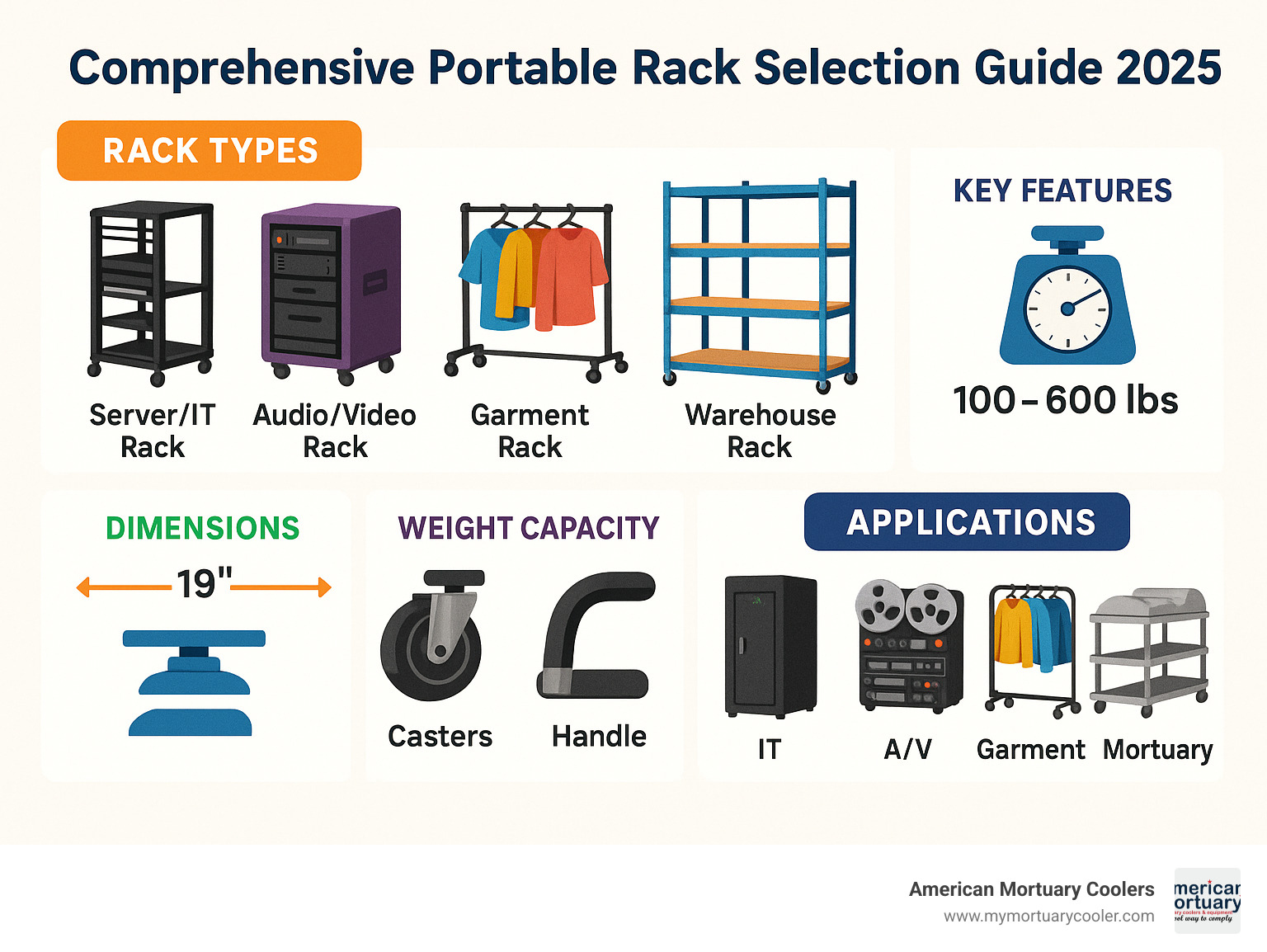 Comprehensive portable rack selection guide showing rack types, weight capacities, standard dimensions, key features like casters and handles, and application-specific considerations for IT, AV, garment, warehouse and mortuary use - portable rack infographic 