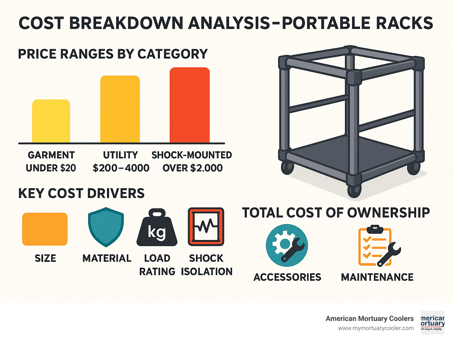 Cost breakdown analysis showing portable rack price ranges by category, key cost drivers, and total cost of ownership factors including accessories and maintenance - portable rack infographic 