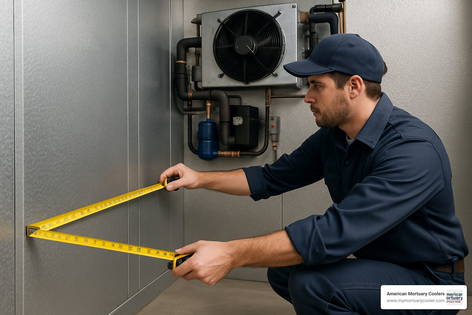 technician measuring installation space - walk in fridge sizes