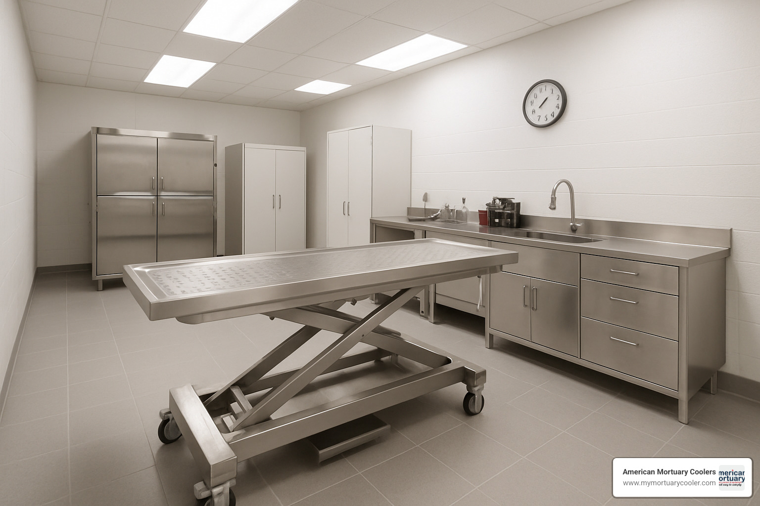 multi-height embalming table in modern prep room - affordable-funeral equipment