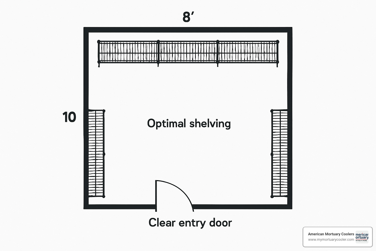 8x10 walk-in cooler layout showing optimal shelving placement - walk in fridge sizes