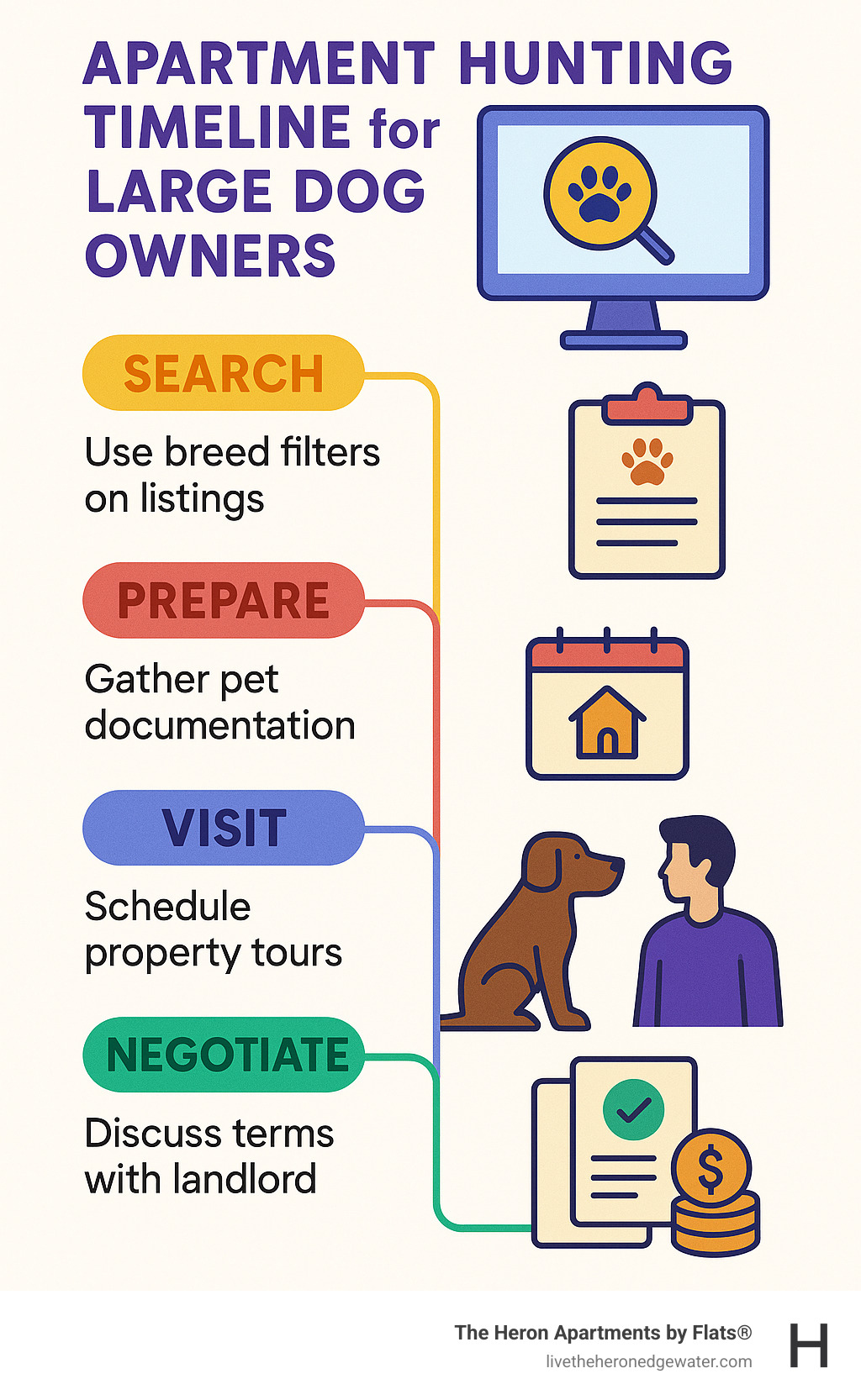Infographic showing the apartment hunting timeline for large dog owners, including steps from initial search with breed filters, to preparing pet documentation, scheduling property visits, negotiating with landlords, and finally securing approval with deposits and pet rent - apartments allowing large dogs infographic 