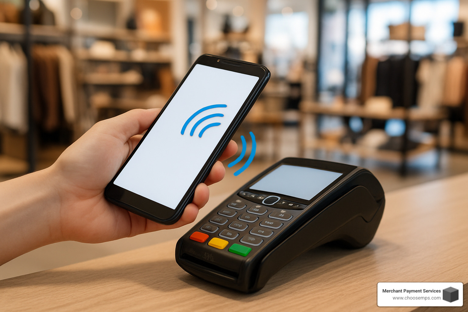 Android phone hovering over contactless payment terminal with NFC waves visible - android card payment app