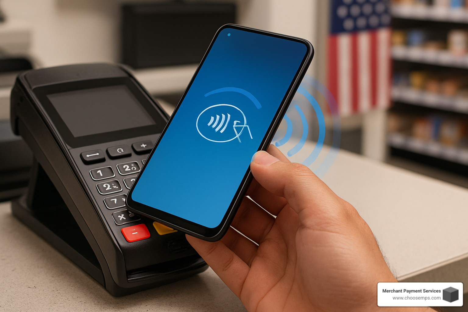 smartphone with NFC waves connecting to payment terminal - android card payment app