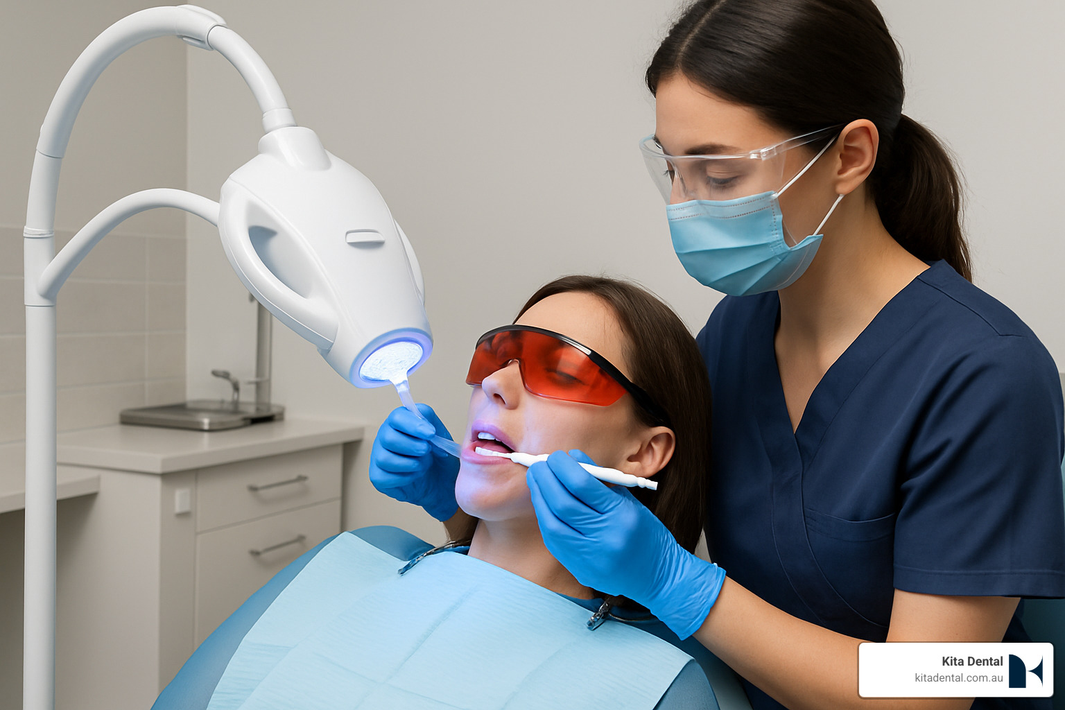 Professional in-chair teeth whitening session showing patient comfort and safety measures - teeth whitening campbelltown Professional in-chair teeth whitening session showing patient comfort and safety measures - teeth whitening campbelltown