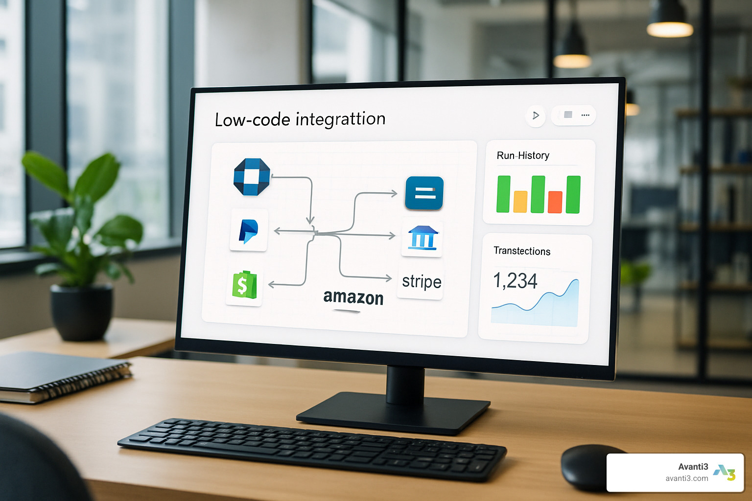 Visual representation of a low-code integration canvas showing drag-and-drop interface for connecting financial data sources with automated workflows and real-time monitoring - fintech data integration services
