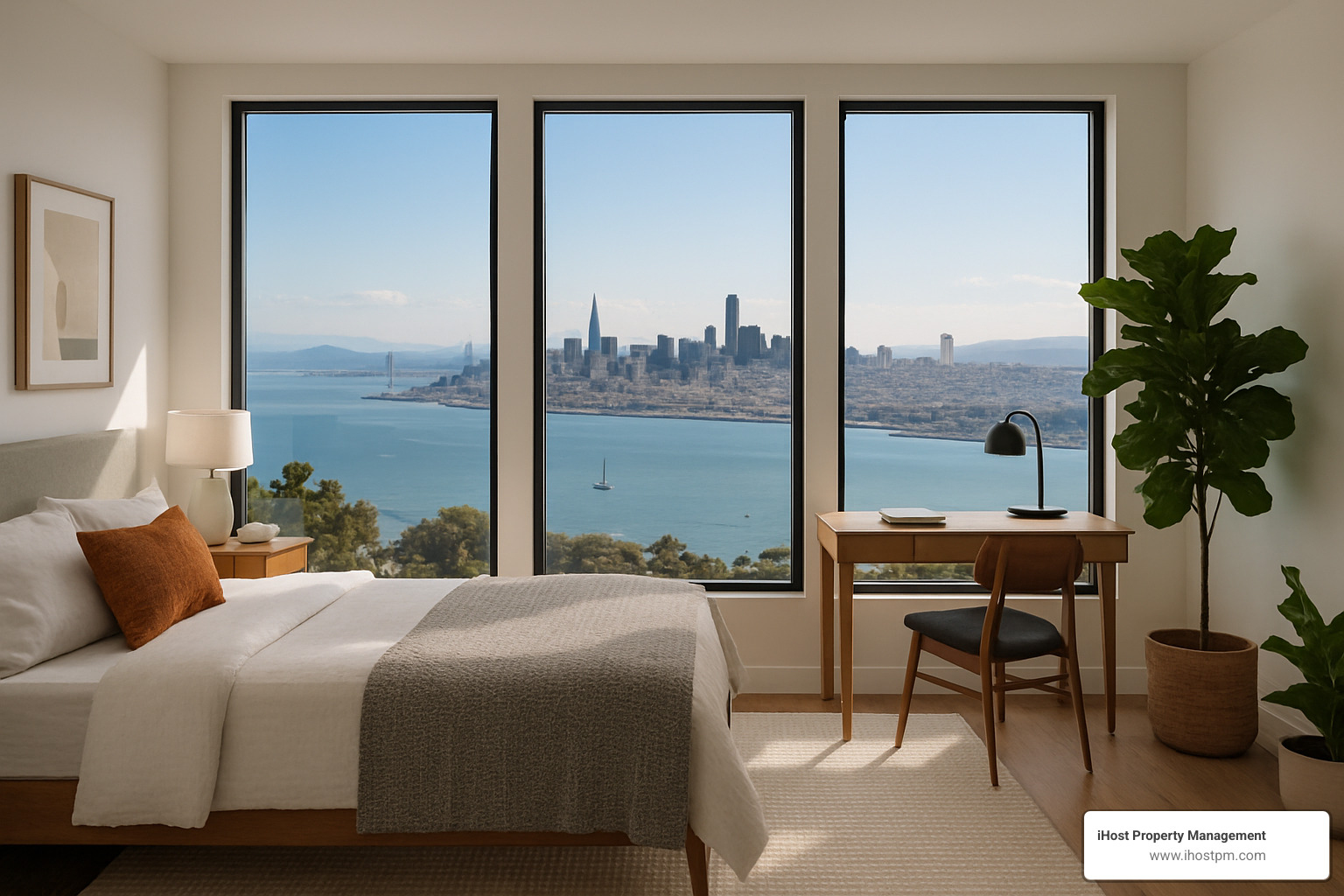Bay Area skyline with furnished room interior - furnished rooms for rent