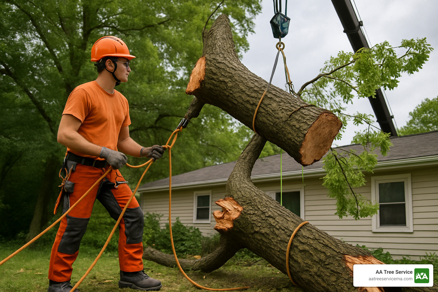 Professional arborist using proper safety equipment and rigging techniques for storm damaged tree removal - Storm-damaged tree removal