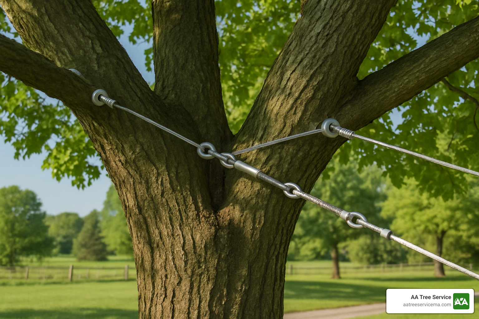 Proper tree cabling installation showing steel cables supporting weak branch unions - Storm-damaged tree removal