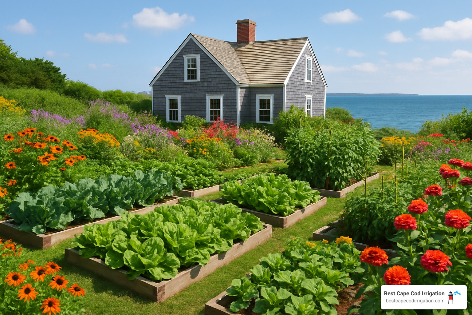 Thriving Cape Cod garden with lush vegetables and flowers - garden watering solutions
