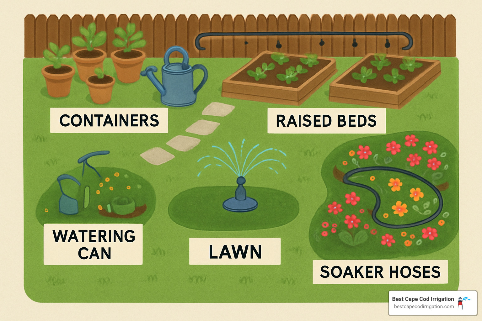 Layout diagram showing different garden areas with appropriate watering solutions - garden watering solutions