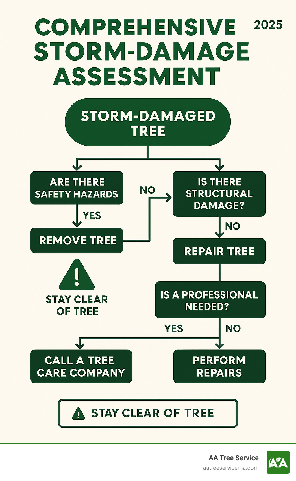 Comprehensive storm damage assessment flowchart showing decision points for tree removal versus repair, including safety hazards, structural damage evaluation, and when to call professionals - Storm-damaged tree removal infographic 