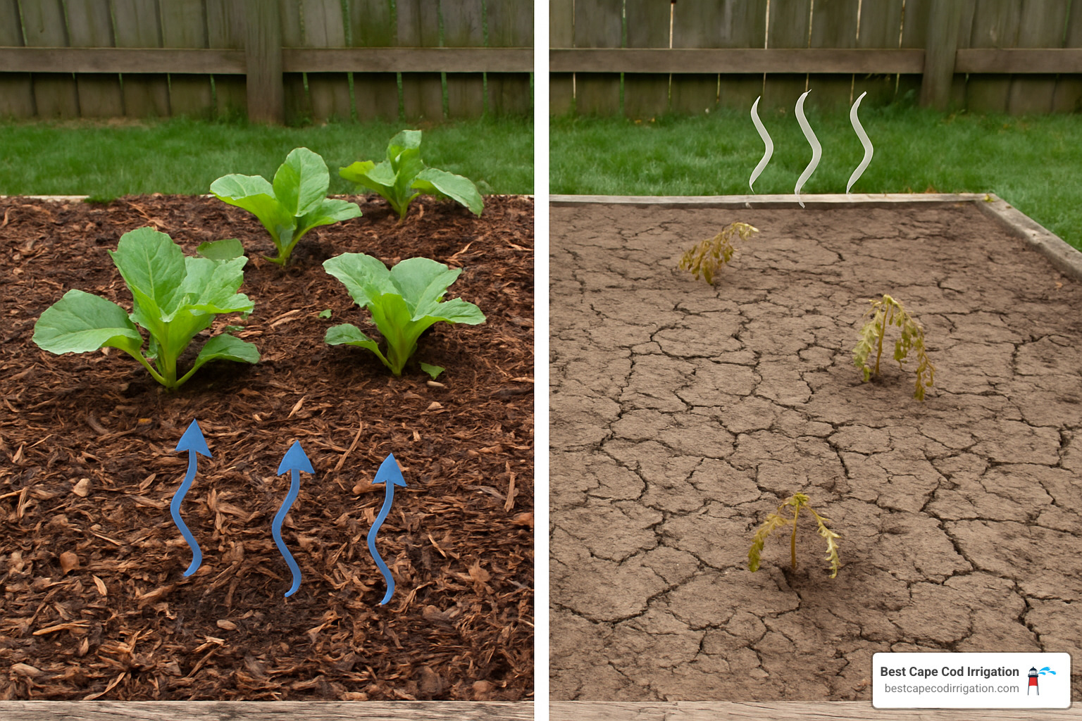 Comparison showing mulched garden bed versus bare soil with water retention and evaporation rates - garden watering solutions