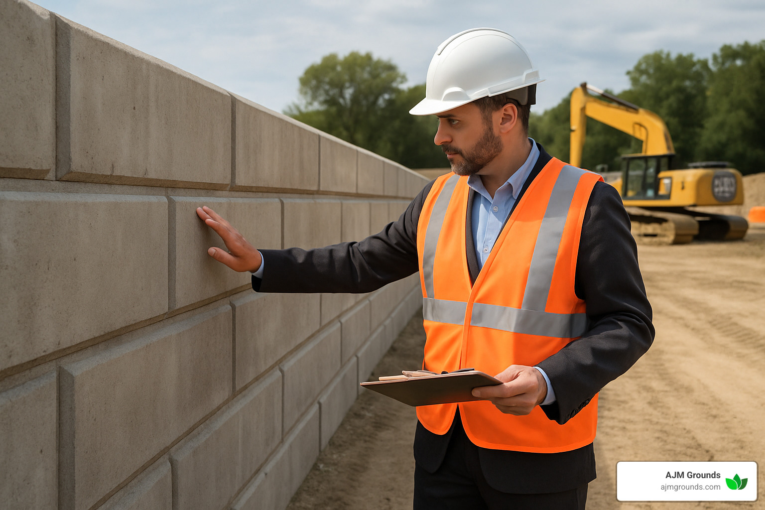 Concrete Retaining Walls for Commercial Projects Made Simple Professional engineer inspecting completed commercial retaining wall installation - concrete commercial retaining wall installation
