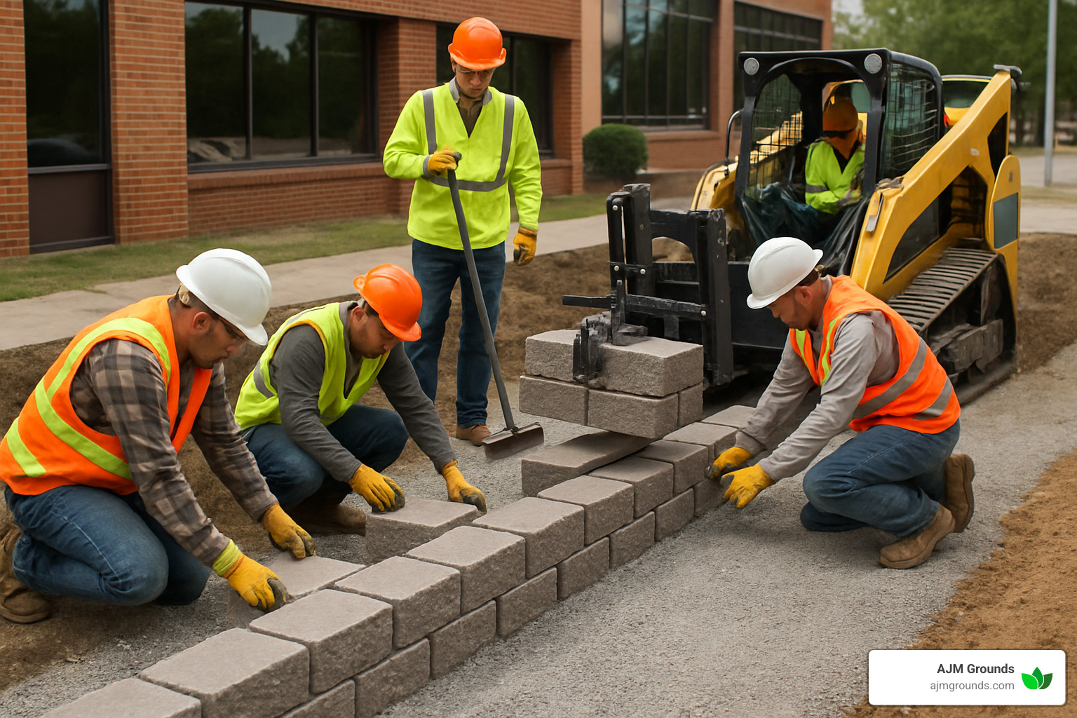 Concrete Retaining Walls for Commercial Projects Made Simple Professional construction crew installing segmental concrete blocks with proper base preparation and equipment - concrete commercial retaining wall installation