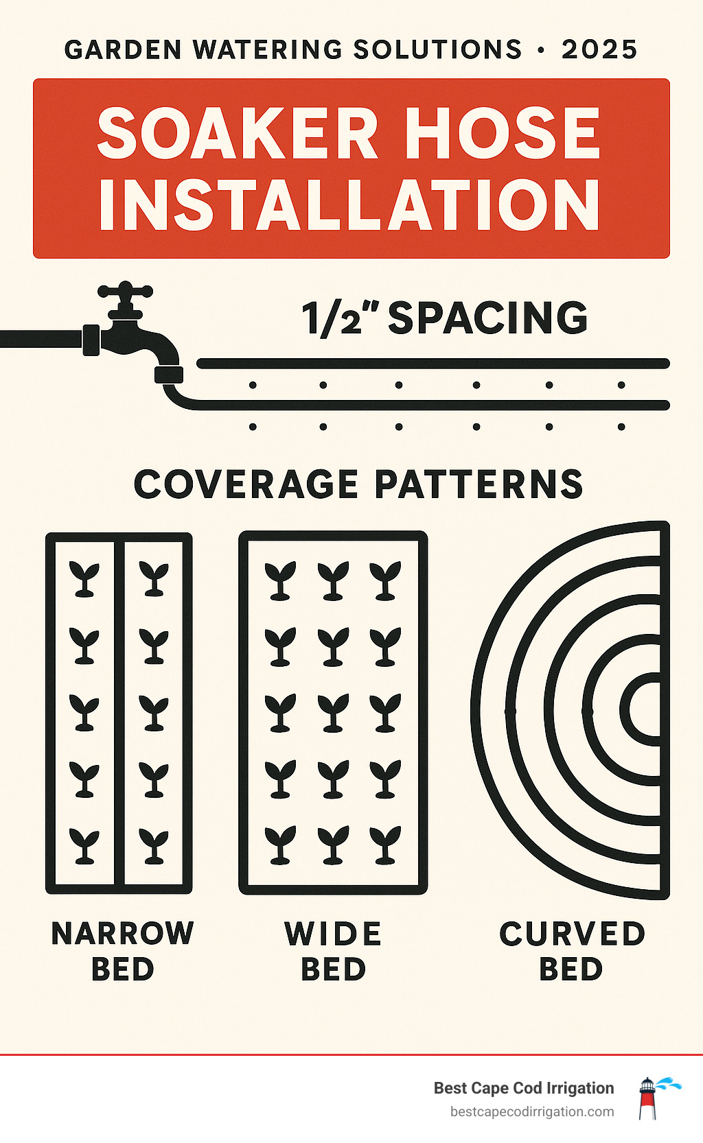 Infographic showing proper soaker hose installation layout with spacing recommendations, connection to water source, and coverage patterns for different garden bed shapes and sizes - garden watering solutions infographic 