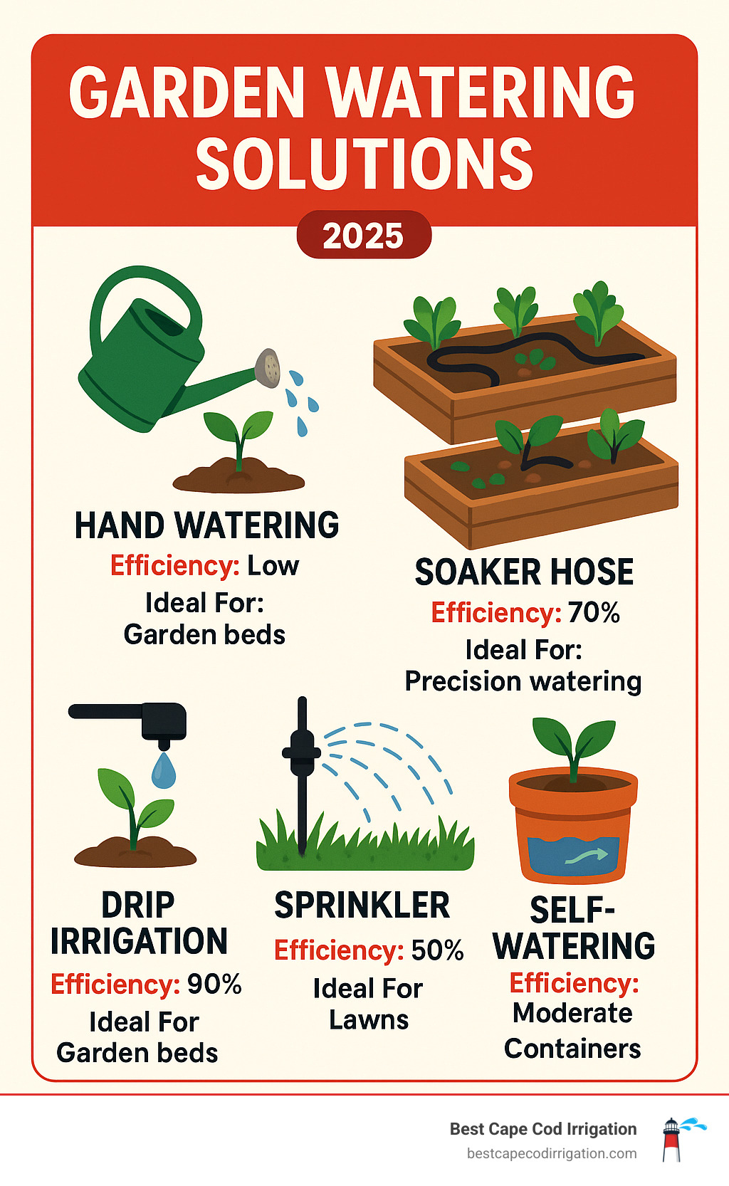 Infographic showing comparison of garden watering methods including hand watering with watering can, soaker hose layout in garden beds, drip irrigation emitters, sprinkler coverage patterns, and self-watering containers with water efficiency percentages and ideal use cases for each method - garden watering solutions infographic 