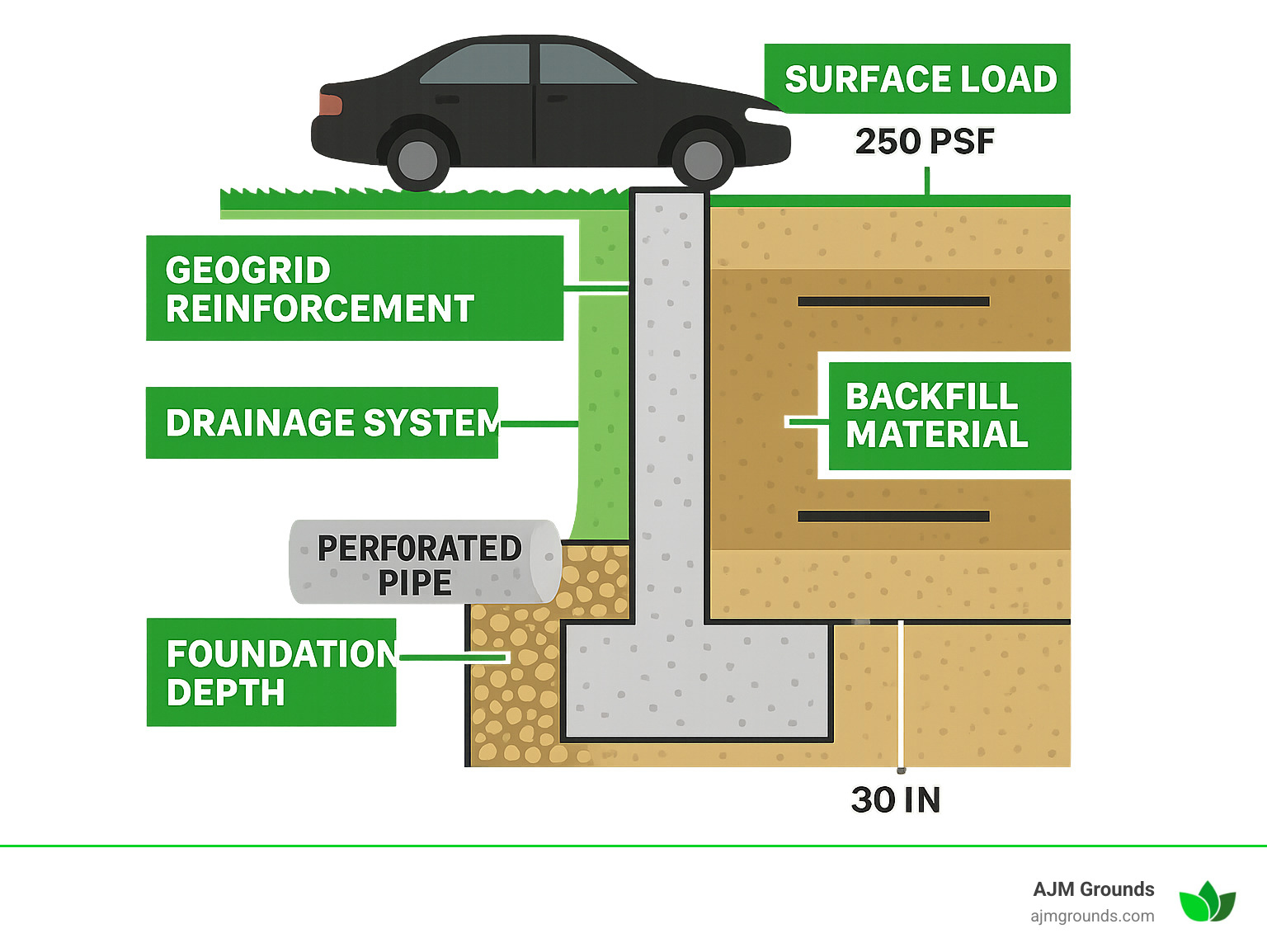 Concrete Retaining Walls for Commercial Projects Made Simple Detailed infographic showing commercial concrete retaining wall components including foundation depth, drainage system with perforated pipes, geogrid reinforcement layers, proper backfill materials, and surface load requirements - concrete commercial retaining wall installation infographic