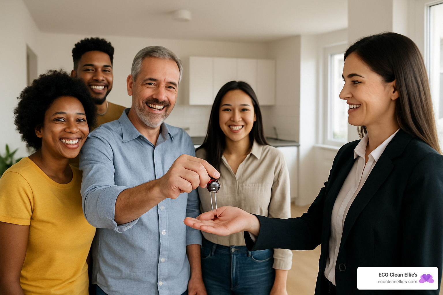 Happy renters confidently handing over keys after successful move-out cleaning - Apartment move out cleaning