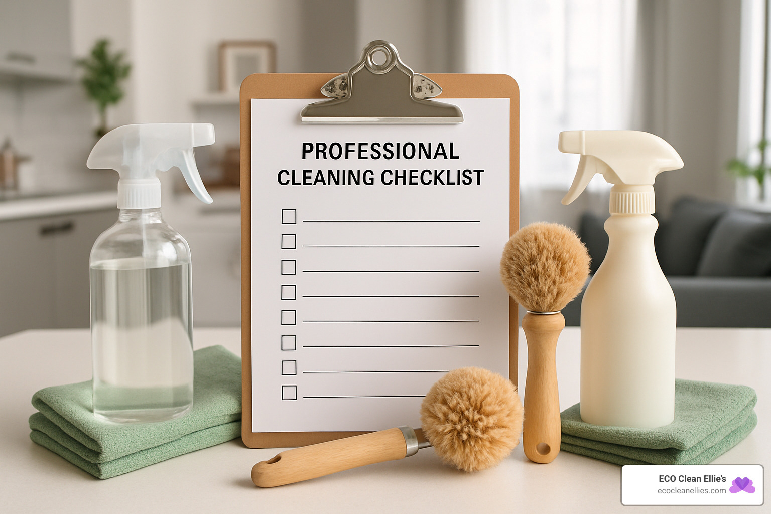 Professional cleaning checklist on clipboard with eco-friendly supplies - Apartment move out cleaning