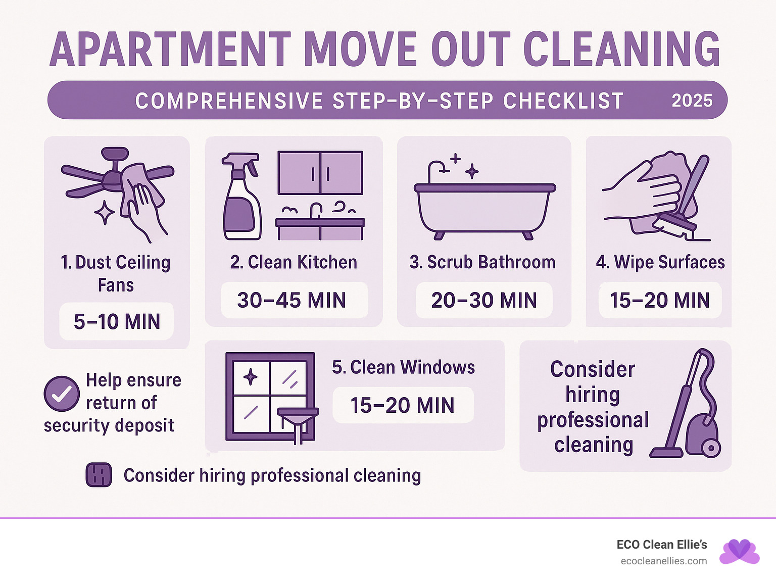 Comprehensive apartment move out cleaning process showing step-by-step checklist from ceiling fans to floor mopping, with timing estimates and professional service options - Apartment move out cleaning infographic 