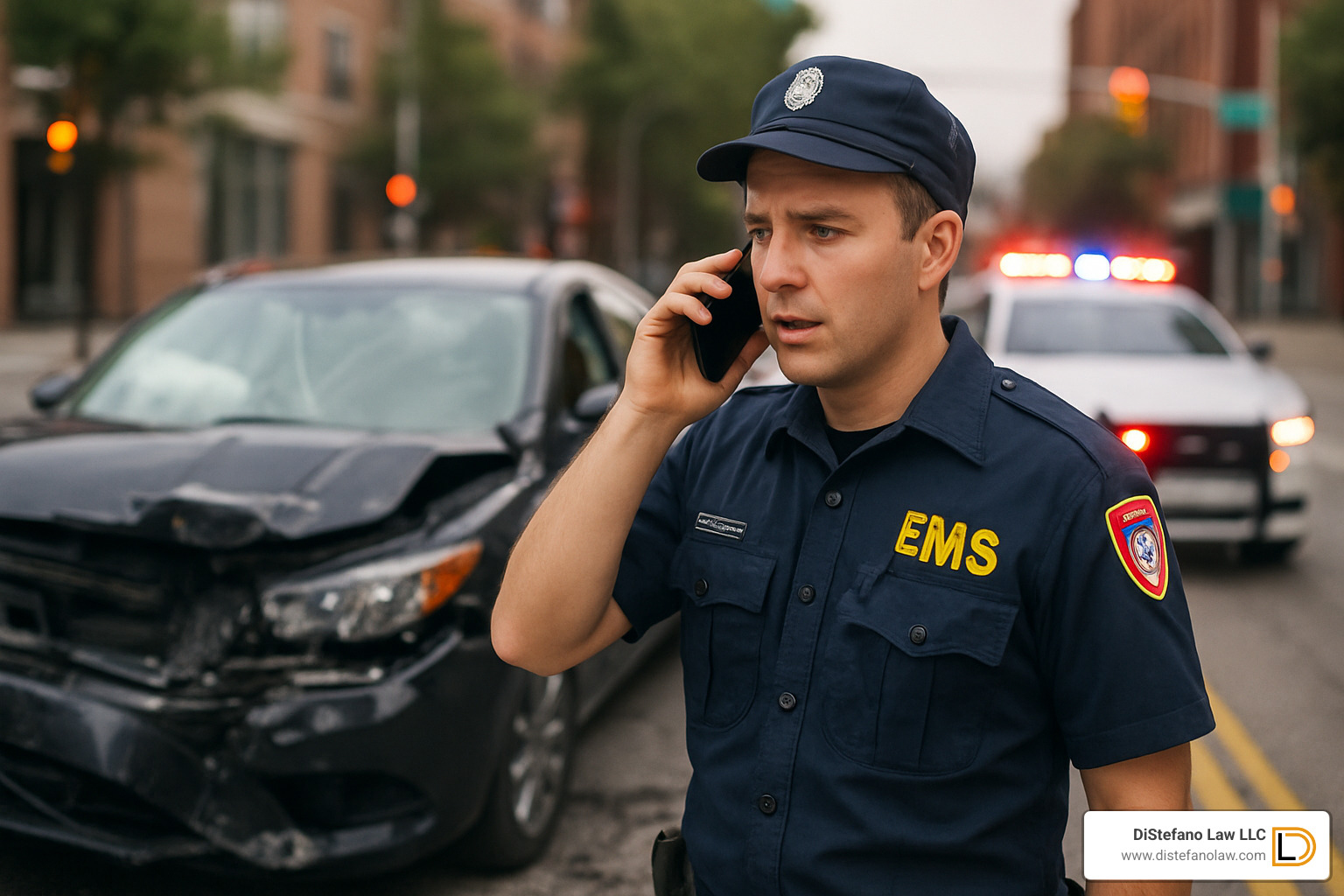 Emergency responder calling 911 at accident scene - Lyft accident lawyer fort lauderdale