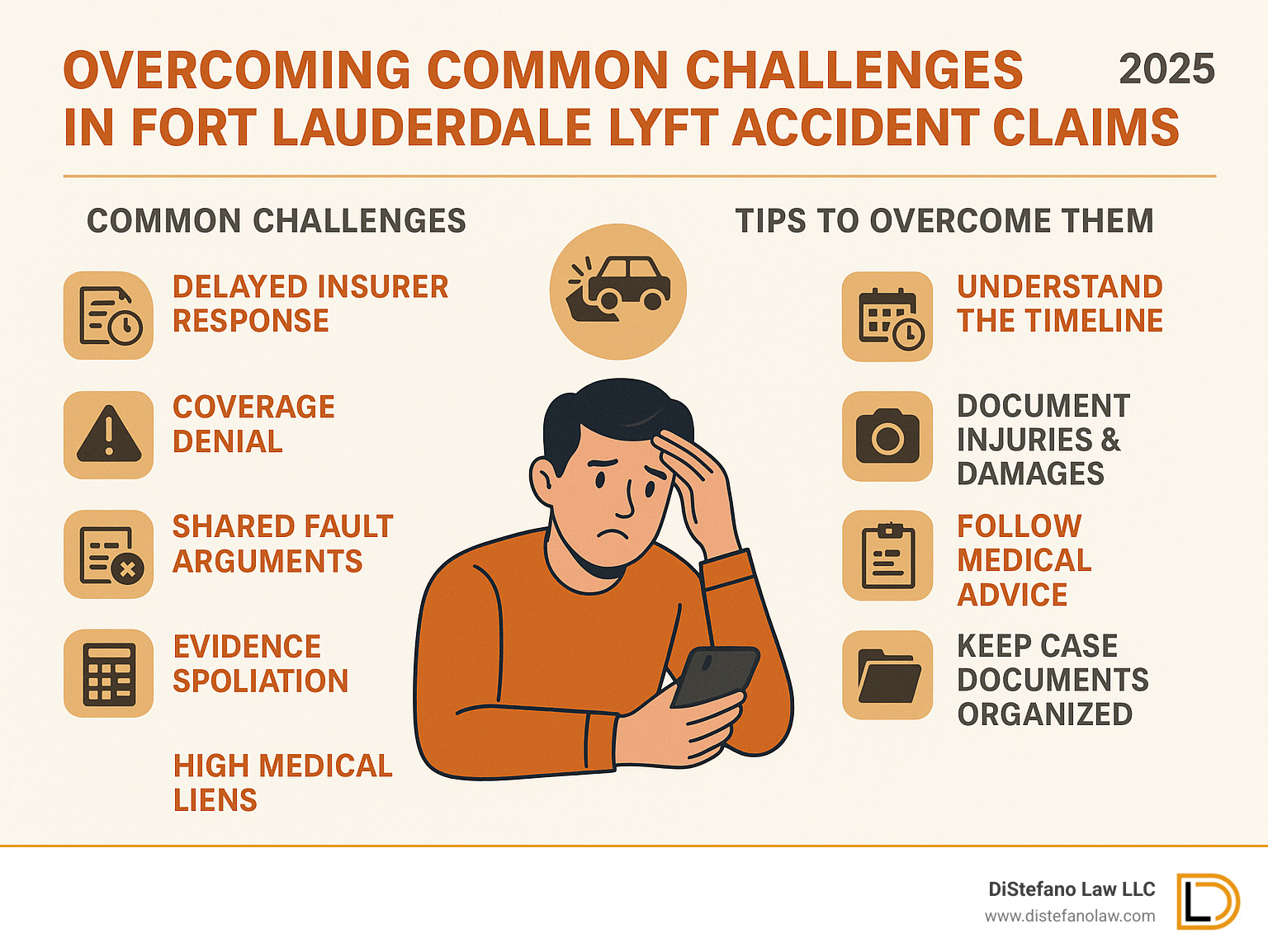Infographic showing common Lyft accident challenges in Fort Lauderdale and strategies to overcome them, including timeline expectations and settlement factors - Lyft accident lawyer fort lauderdale infographic 