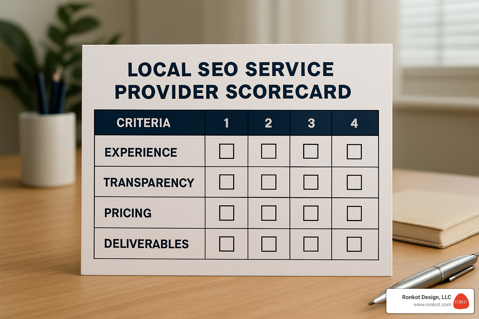 Scorecard template for evaluating local SEO service providers with criteria including experience, transparency, pricing, and deliverables - local seo services for small business