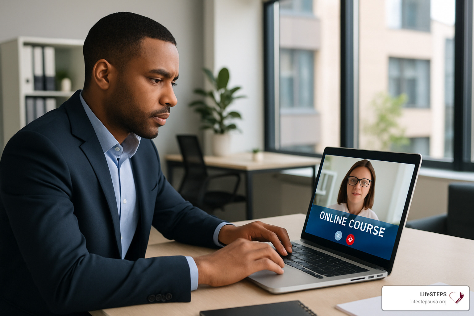Professional taking online course on laptop in modern workspace - focus on career