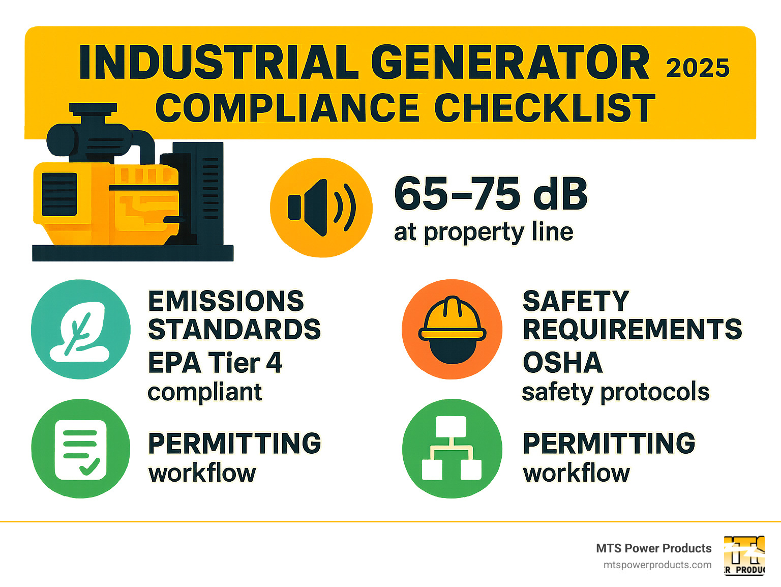 Industrial generator compliance checklist infographic showing noise levels, emissions standards, safety requirements, and permitting workflow with specific decibel limits, EPA tier requirements, and OSHA safety protocols - industrial generator infographic 