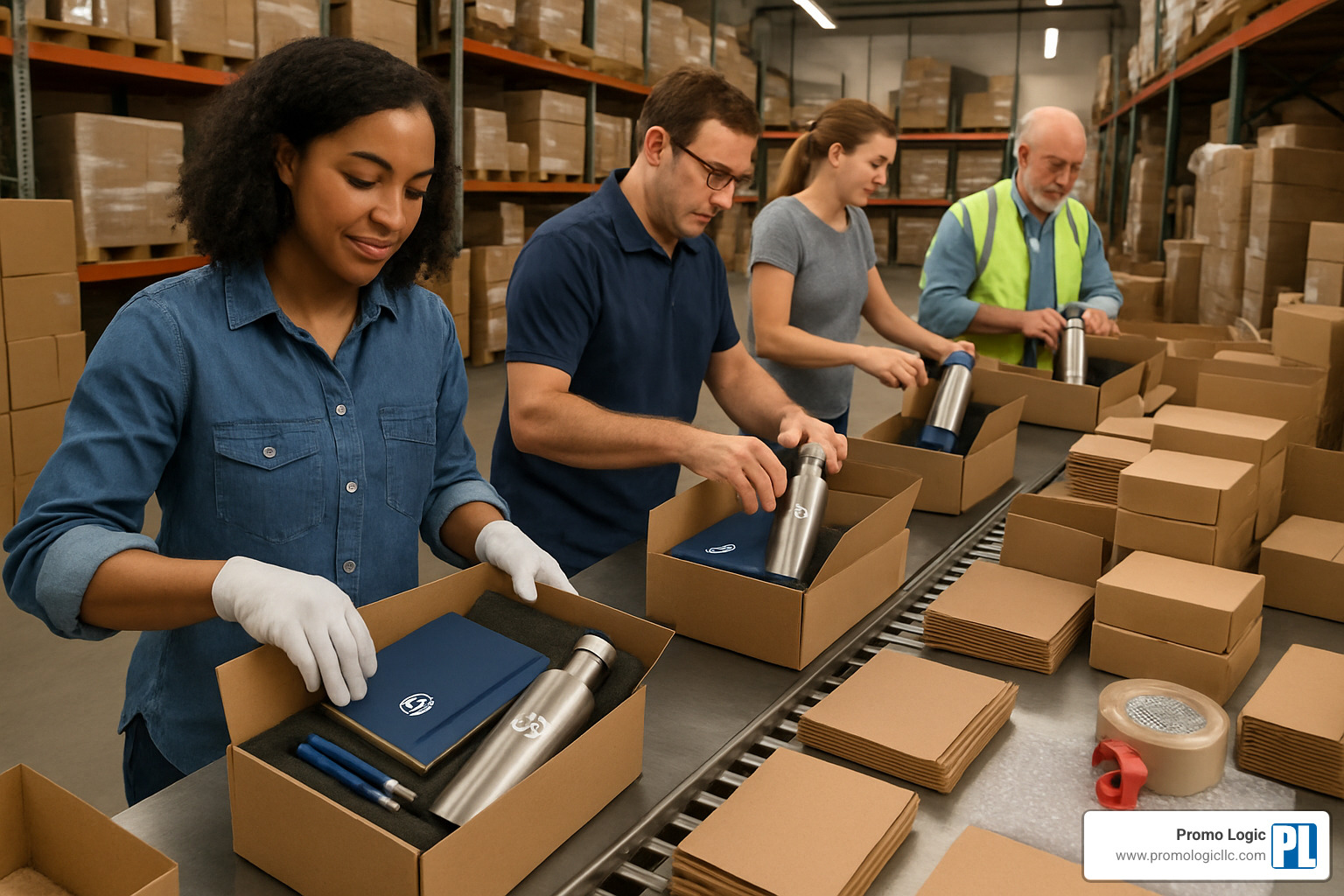 promotional gift kitting assembly line in action - promotional gifts