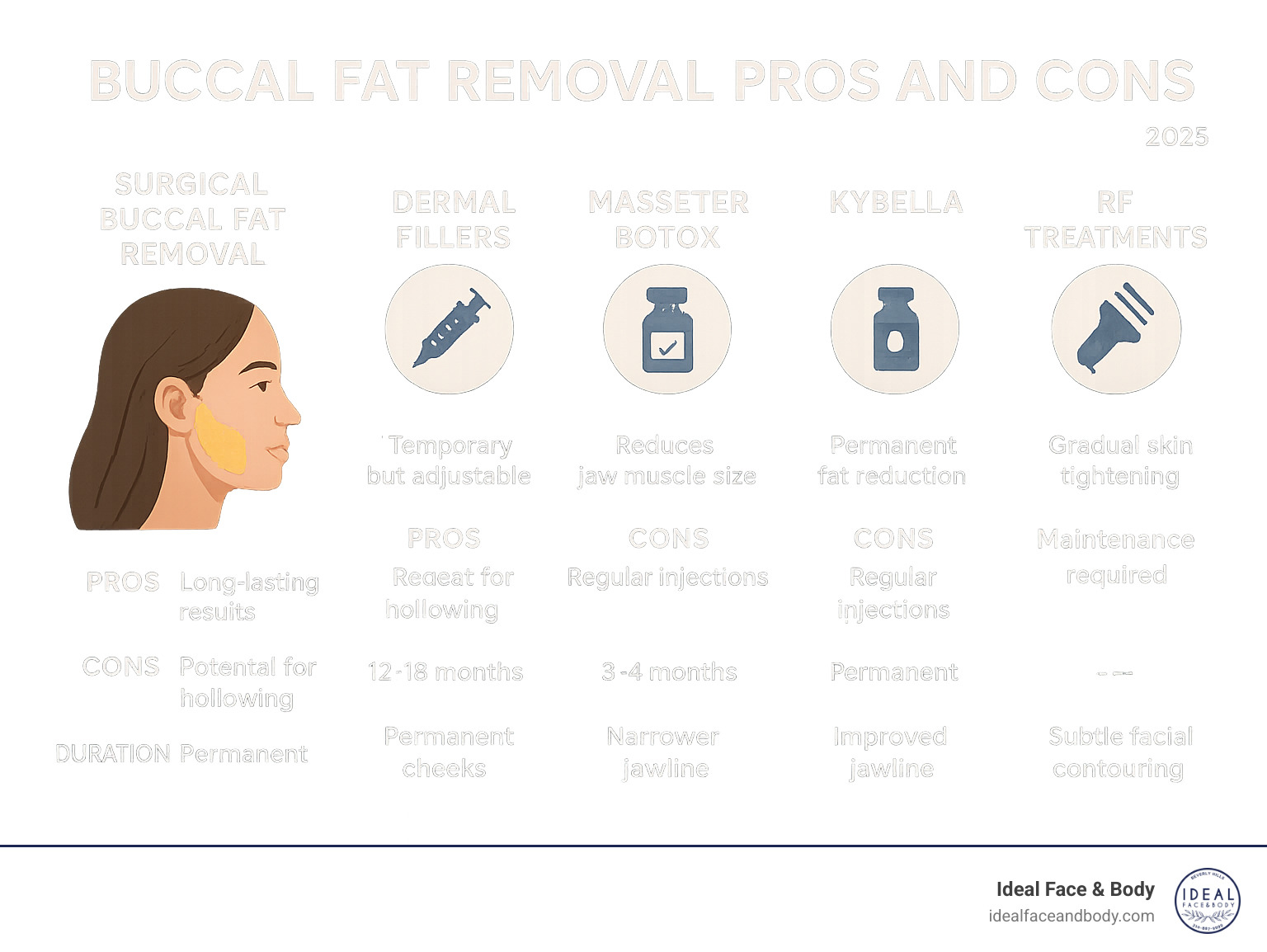 Comprehensive infographic comparing surgical buccal fat removal with non-surgical alternatives including dermal fillers, Botox, Kybella, and RF treatments, showing pros, cons, duration, and results for each option - buccal fat removal pros and cons infographic 