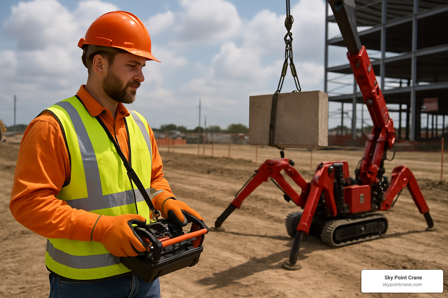 Operator using radio remote control to position load with spyder crane in background - renting a spyder crane