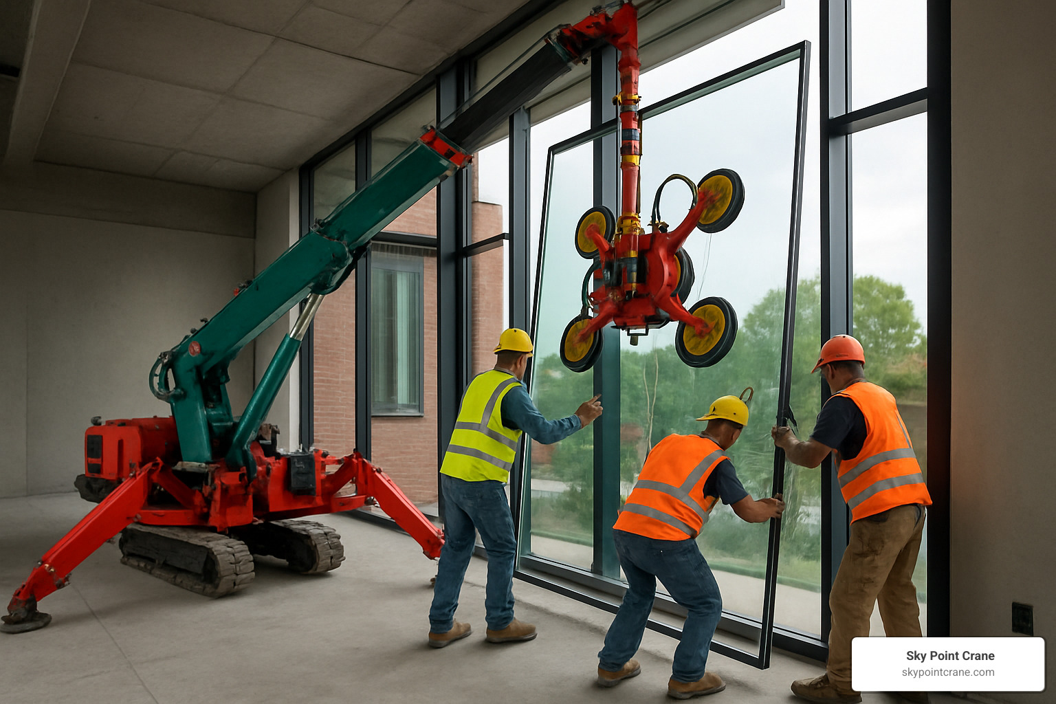 Glass manipulator attachment on spyder crane positioning large window panel - renting a spyder crane