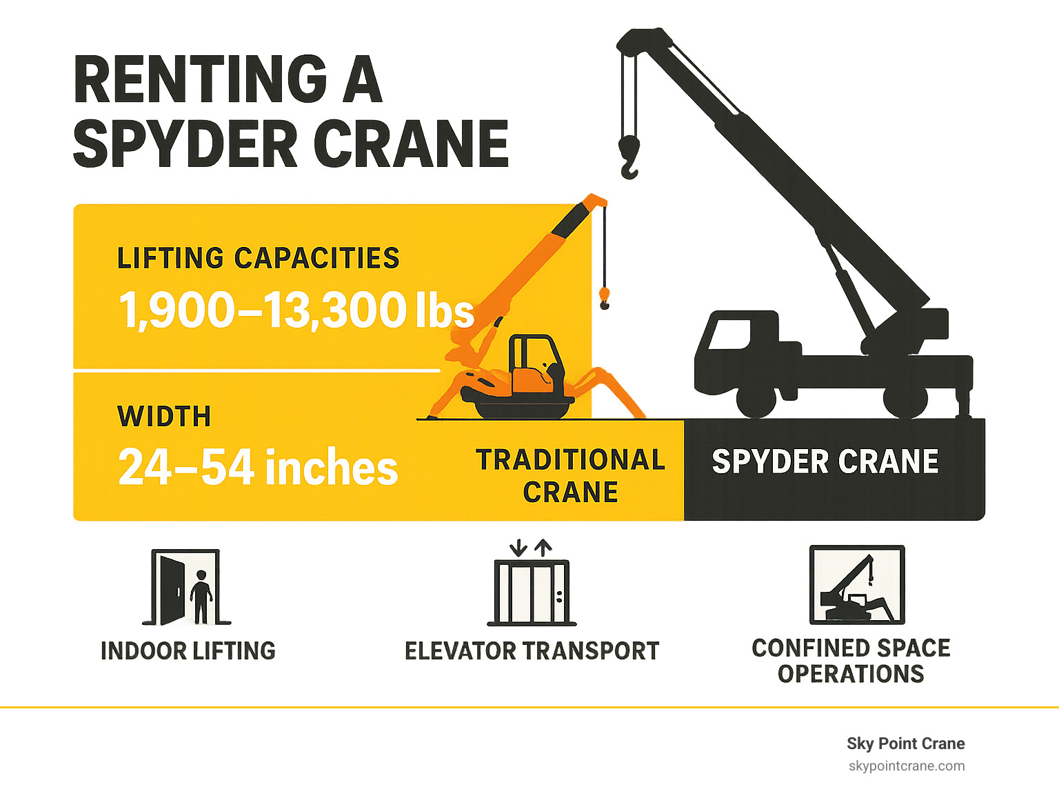 Infographic showing spyder crane size comparison to traditional cranes, lifting capacities from 1,900-13,300 lbs, width measurements from 24-54 inches, and key applications including indoor lifting, elevator transport, and confined space operations - renting a spyder crane infographic 