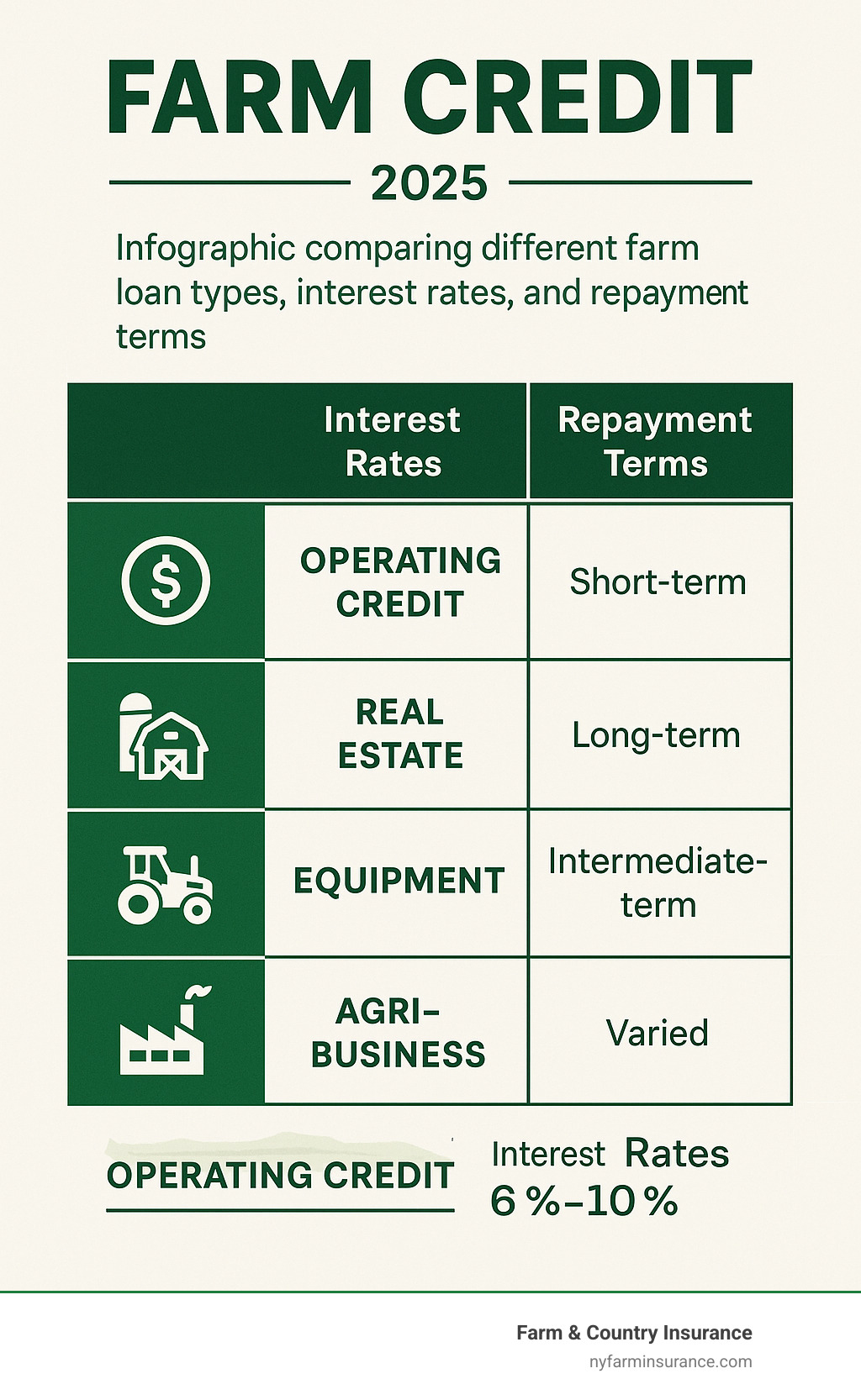 974879e9847ac094223dc6fc02d13cbb5185a9f3 Credit Where Credit's Due – Finding the Best Farm Credit Services Find the best farm credit for your farm. Compare lenders, products, and tips to save money and grow your business with farm credit. Infographic comparing different farm loan types, interest rates, and repayment terms across operating credit, real estate, equipment, and agribusiness categories - farm credit infographic