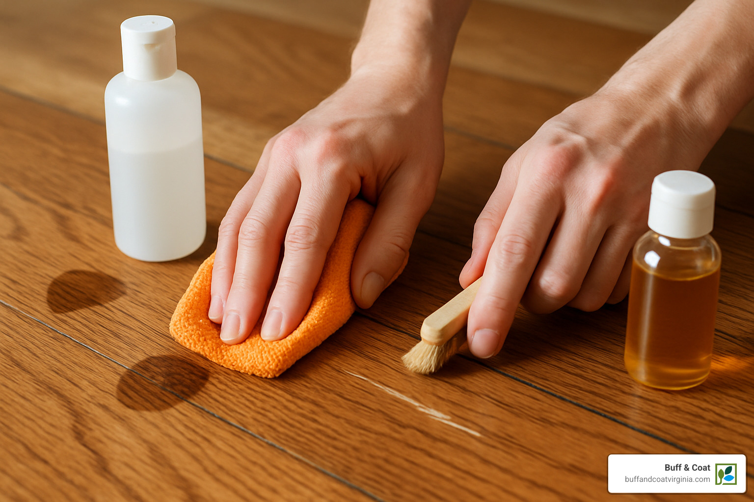 Close-up of spot treatment techniques for various hardwood floor stains and minor scratches - deep cleaning hardwood floors Close-up of spot treatment techniques for various hardwood floor stains and minor scratches - deep cleaning hardwood floors
