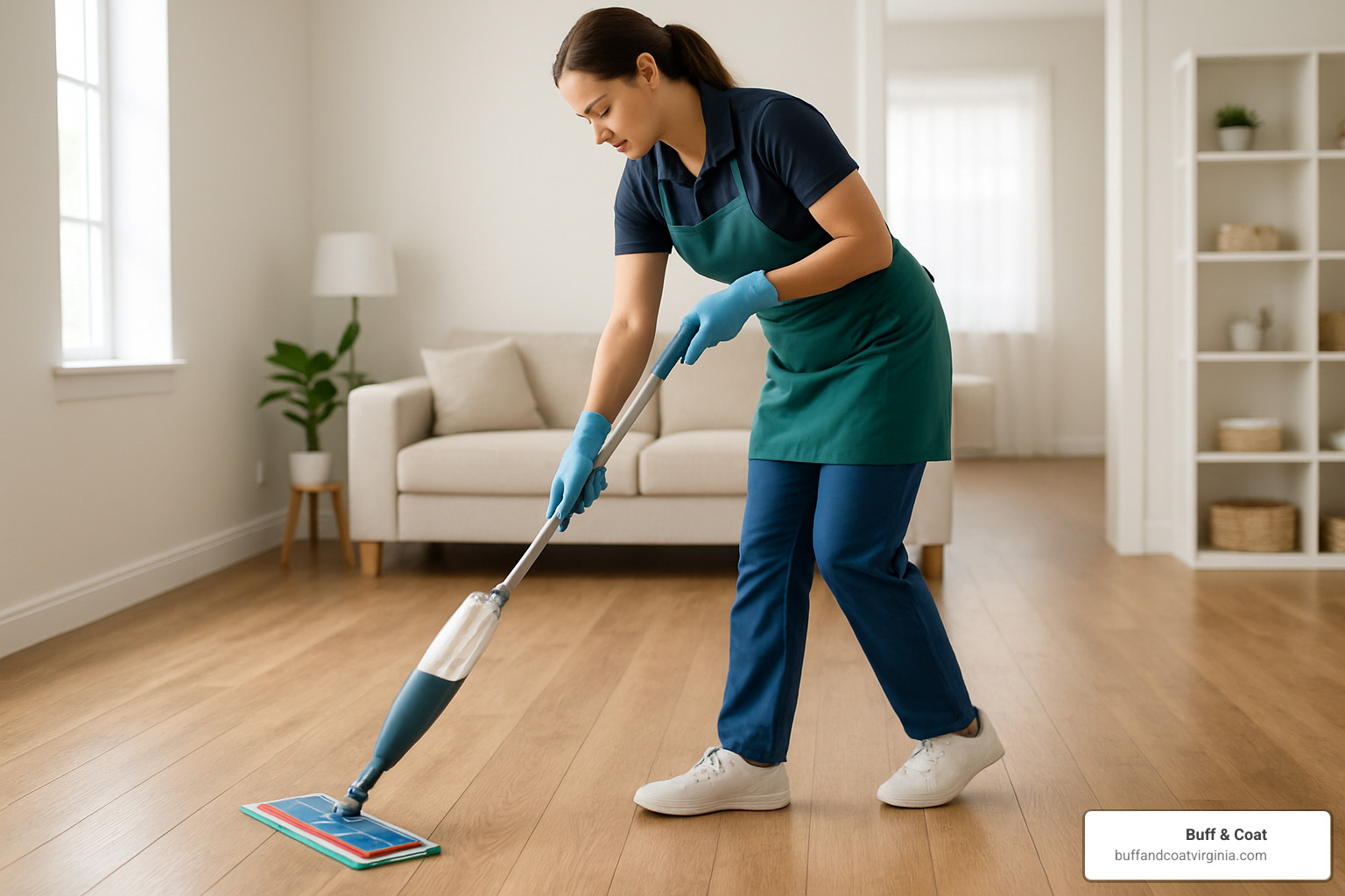 Professional demonstrating proper spray mop technique on hardwood floors, working in direction of wood grain - deep cleaning hardwood floors Professional demonstrating proper spray mop technique on hardwood floors, working in direction of wood grain - deep cleaning hardwood floors