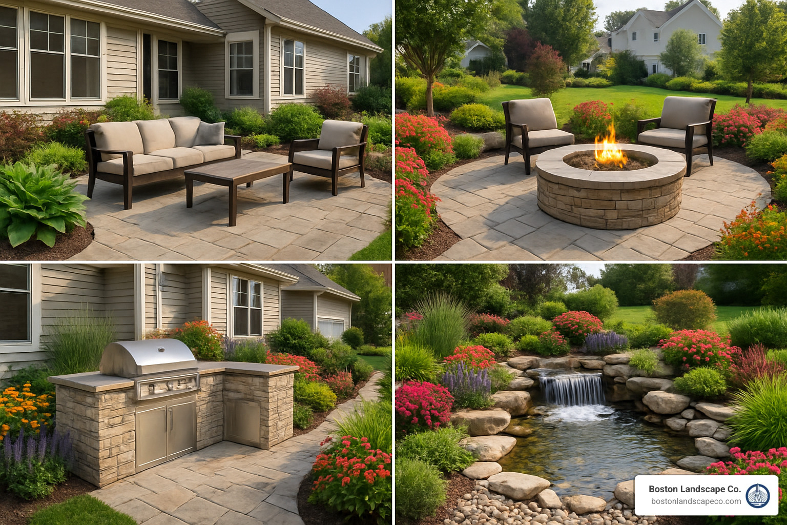 collage showing various landscape features including patios, fire pits, outdoor kitchens, water features, and lush plantings - residential landscape design and build services