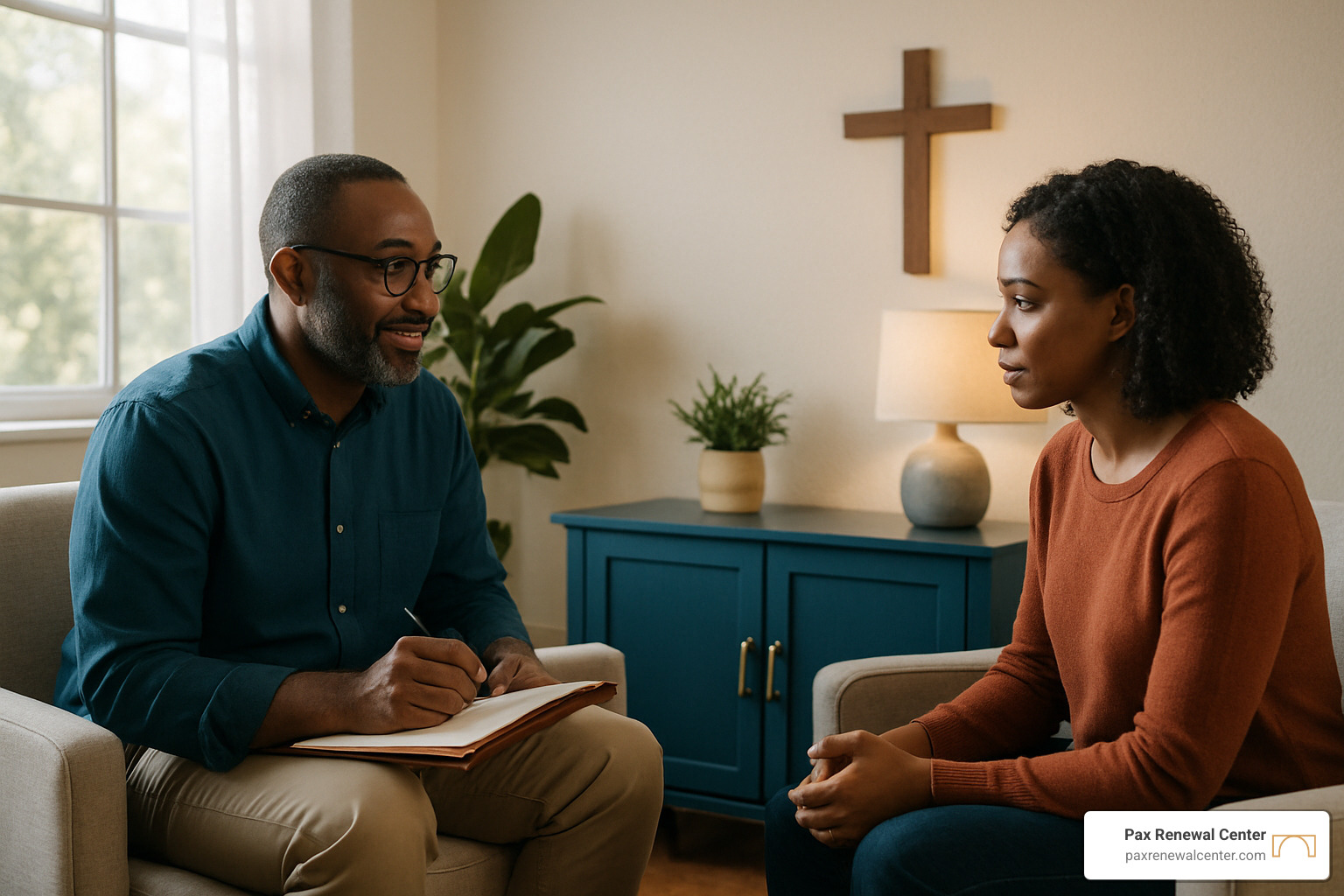 Faith-based therapy session showing counselor and client in peaceful setting with cross and natural light - christian counseling lafayette la