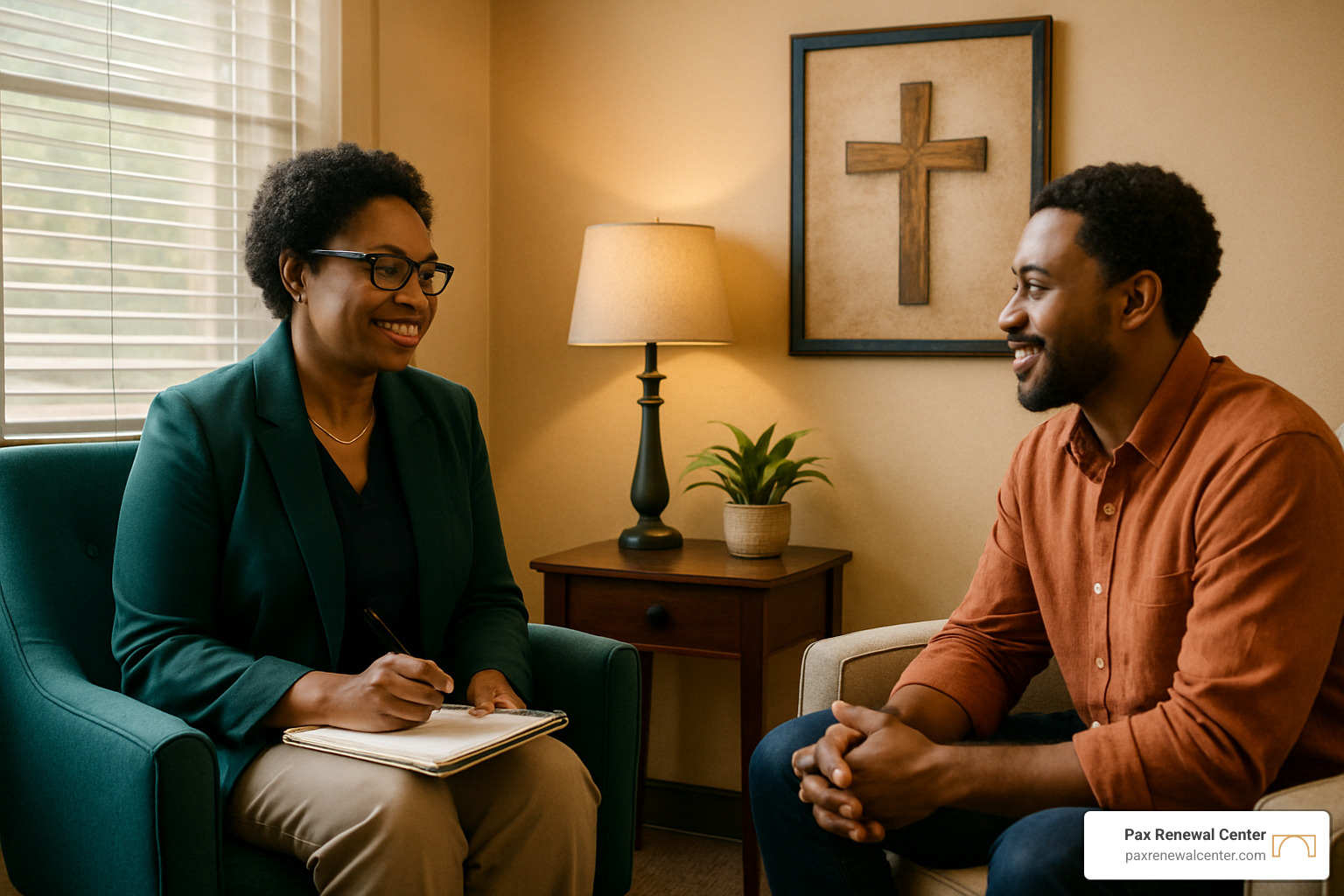 Christian counselor meeting with client in comfortable office setting with religious artwork and natural lighting - christian counseling lafayette la